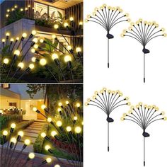 four different types of outdoor lights in front of a house with plants and steps leading up to it