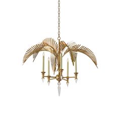 a gold chandelier with three candles hanging from the bottom and two birds on it