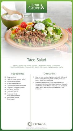 the menu for taco salad is shown in green and white colors, with an image of