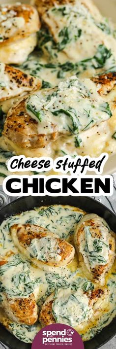 cheese stuffed chicken in a skillet with spinach and parmesan on the side