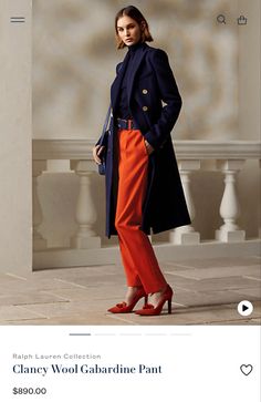 Pantalon Naranja Outfits, Ralph Lauren Womens Clothing, Navy Blue Coat, Fall 2014 Fashion, Navy And Orange, Navy Outfit, Orange Outfit, Blue Coat, Ralph Lauren Style