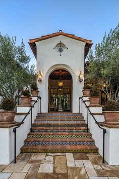 an entry way with steps leading up to the front door and potted plants on either side