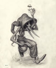 a pencil drawing of a skeleton with a hat and knife in his hand holding a flower