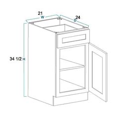 a drawing of the base cabinet with measurements for each door and bottom drawer, shown in white