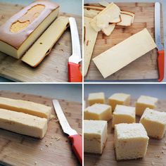 four pictures showing how to cut cheesecakes on a cutting board with knife and butter