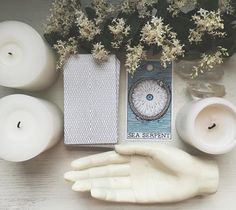 an arrangement of candles, fake hands and sea serpent card on a table with flowers