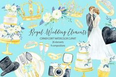 watercolor wedding elements clipart set with bride and grooms, cake, flowers, rings, champagne