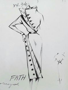 a black and white drawing of a woman in a dress with buttons on the side