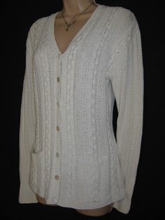 LAURA ASHLEY Vintage Cream Cotton/Ramie Classic Cable Knit Pockets Cardigan, Small Pocket Cardigan, Rockabilly Fashion, Long Sweaters Cardigan, Cable Knit Cardigan, Baby Cardigan