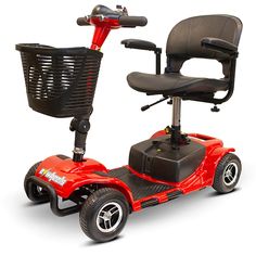 a red scooter with a basket attached to the front wheel and back seat