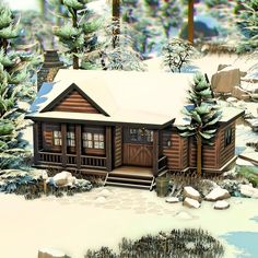 a small log cabin in the middle of a snowy forest