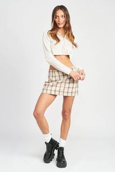 Emory Park | Square Printed Mini Skirt | us.meeeshop Printed Mini Skirt, Brown Flannel, Park Square, Contemporary Clothing, Cardigan Sweater Coat, Denim Accessories, Plaid Mini Skirt, Contemporary Outfits, Square Print