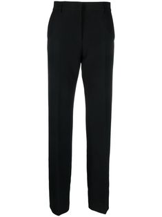 black stretch-design crepe texture pressed crease belt loops high-waisted straight leg concealed front fastening two side inset pockets Straight Leg Trousers, Pants Straight, Black Stretch, Straight Leg Pants, Straight Leg, Trousers, High Waisted, Clothes For Women, Pants