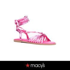 in stock Flat Pink Sandals For Spring, Pink Flat Sandals For Spring, Pink Strappy Sandals For Spring, Trendy Pink Strappy Sandals, Pink Casual Strappy Sandals, Casual Pink Strappy Sandals, Pink Summer Sandals With Ankle Strap, Pink Adjustable Synthetic Sandals, Pink Ankle Strap Sandals For Vacation