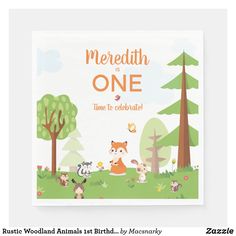 a children's birthday card with animals in the woods and trees, including one that says