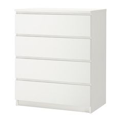 a white dresser with three drawers on the bottom and one drawer in the middle, against a white background