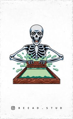 a skeleton sitting on top of a wooden table with green liquid coming out of it