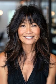 30 Stunning Hairstyles for Women Over 50 with Bangs - The Hairstyle Edit Highlights For Bob Haircut Brunettes, Long Hair Over 50 Older Women, Women Over 50 With Bangs, Over 50 With Bangs, Haircuts For Long Hair With Layers, Layered Hair With Bangs, Haircuts For Medium Length Hair, Bangs For Women, Layered Haircuts For Medium Hair