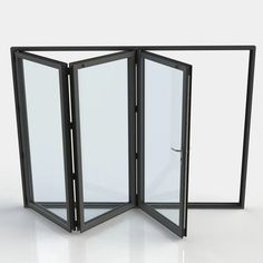 an open black folding screen on a white floor with no one in it and the door opened