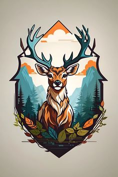 a deer with antlers on it's head is surrounded by leaves and trees