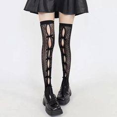 𝔇𝔢𝔱𝔞𝔦𝔩𝔰: Style: Kawaii, Kawaii Goth, Egirl Material: Lace & Spandex Quantity: 1 pair Highlights: Features the bow-tie decoration & fishnets tights Easy to style with platform shoes and adds warmth to your body Enjoy free shipping with a purchase of over 80$ Trendy Black Legwear For Alternative Fashion, Black Stretch Alternative Stockings, Alternative Style Stretch Black Stockings, Thigh High Bow Legwear For Party, Harajuku Style Black Stretch Legwear, Stretch Hosiery With Bow For Party, Thigh-high Bow Legwear For Party, Party Hosiery With Bow And Stretch, Alternative Style Black Stretch Stockings