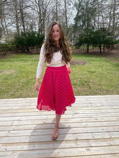 "Tag says size 8, fits true to size. waist: 13\" (with stretch) hips: 25\" length: 33\"" Polka Dot Lined Midi Skirt, Spring Polka Dot Midi Skirt, Polka Dot Relaxed Midi Skirt, Flowy Polka Dot Midi Skirt, Spring Skirt With Polka Dot Pattern And Elastic Waistband, Relaxed Knee-length Polka Dot Skirt, Polka Dot Flowy Lined Skirt, Knee-length Polka Dot Flowy Skirt, Polka Dot Knee-length Flowy Skirt