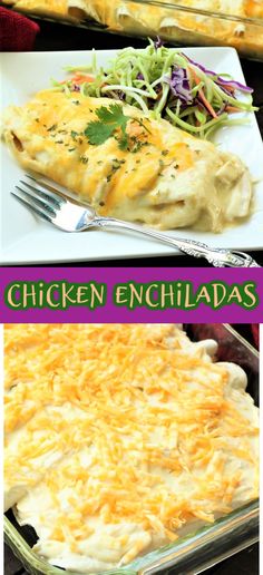 chicken enchiladas in a casserole dish with shredded cheese