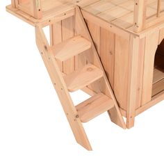 a wooden dog house with stairs to the top and bottom floor, made out of wood