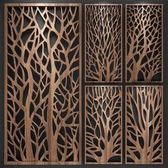 laser cut panels with trees on them in various sizes and shapes, all made out of wood