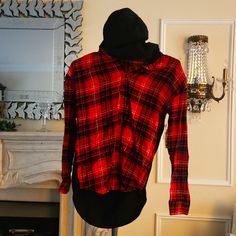 Brand New, Never Worn, Perfect Condition! Red, Black And White, Button-Down Flannel-Front, Solid-Back Shirt. The Back Is A Solid Black Sweatshirt And It's Fleece-Lined To Keep You Warm And Cozy! The Front Is A Traditional Flannel-Like Shirt, But Soft (Not Stratchy)! Fleece-Lined Sweatshirt Style With Hoodie. Size: Xs. Brand: No Boundaries. Casual Winter Flannel Shirt For Streetwear, Casual Winter Flannel Streetwear Shirt, Winter Plaid Tops For Streetwear, Plaid Tops For Winter Streetwear, Casual Red Flannel Shirt For Streetwear, Long Sleeve Flannel Shirt For Streetwear In Winter, Long Sleeve Flannel Shirt For Winter Streetwear, Winter Long Sleeve Flannel Shirt For Streetwear, Black Flannel Shirt For Streetwear In Winter