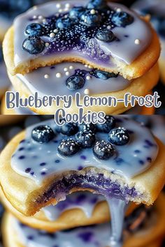 blueberry lemon frosted cookies are stacked on top of each other