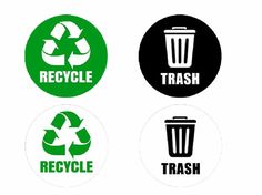 four circular stickers that say trash, recycle, trash can and trash