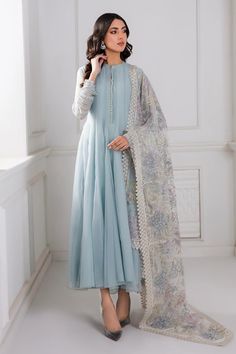 Blue Chiffon Silk Suit Anarkali Dress at PinkPhulkari California Pastel Blue Anarkali, Pakistani Dupatta Designs, Pakistani Frock Design, Blue Pakistani Dress, Dyed Pants, Pakistani Party Wear, Party Frocks, Pakistani Fancy Dresses, Salwar Kamiz