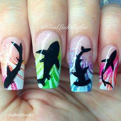 Neon Designs Nails, Shark Nail Art, Ocean Nails, Tropical Nails, Animal Nails, Really Cute Nails, Art Summer, Shark Week, Cute Nail Art