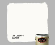 a white paint can with the words cool december dew383 on it and a gray background