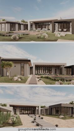 Exterior view of a modern desert home with minimalist architecture, featuring large windows, sleek lines, and a landscaped yard with desert plants and stones. The design incorporates open spaces and natural textures, creating a seamless blend with the surrounding environment. Desert Retreat, Modern Desert, Desert Oasis, Open Spaces, Home Inspiration, Facade Design, Architectural Design, Dream Home Design, House Floor Plans