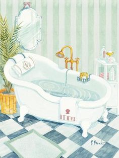 a drawing of a bathroom with a claw foot tub and christmas tree in the corner