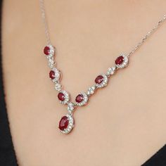 Make a statement with our exquisite 18K White Gold Ruby Necklace, boasting a V-shaped design and a dazzling Oval Ruby, complemented by a lab diamond necklace. Gold Ruby Necklace, Antique Jewellery Designs, Ruby Necklace, Red Gemstones, Affordable Jewelry, Antique Jewellery, Lab Diamonds, Gold Style, V Shape