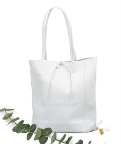 White Minimalist Shoulder Bag With Double Handle, Minimalist White Bag With Double Handle, White Minimalist Double Handle Bag, Minimalist White Double Handle Bag, Minimalist White Bag For Daily Use, White Soft Leather Shoulder Bag With Double Handle, Minimalist White Bag For Everyday Use, White Leather Bags For Gift, White Shoulder Bag With Leather Handles For Daily Use