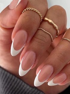 Almond French Tip Nails Summer, Summer Nail Inspo Almond French Tip, French Nail Designs White, Medium Almond French Tip Nails, Almond French Tips With Design, All White Almond Nails, Almond White Tip, Summer Nails White Design, Short French Tip Nails Almond