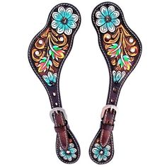 SPUR STRAPS: These are Hilason spurs straps which are made with high-quality genuine thick hand hand-tooled leather with Dark Brown With Dark Brown With Pink And Turquoise Flowers, With Pink Buckstitch Border. These spur straps western womens have an adjustable metal buckle, solid, durable, and not easy to rust or break. You can use these spur straps in any Western events like racing, rodeo, and shows. These spur straps for women are available in color in Dark brown Harness.  IDEAL FOR HORSE RID Dark Brown With Pink, Brown Harness, Leather Spur Straps, Spur Straps, Brown Hand, Turquoise Flowers, Hand Tooled Leather, Hand Paint, Leather Projects