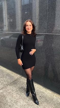 Black High Heel Boots Outfit, Long Black Boots Outfit, Heel Boots Outfit, Black Dresses With Boots, Black Dress Outfit Winter, Dress With Stockings Outfit, Long Sleeve Dress Outfit, Dress Boots Outfit, Long Boots Outfit