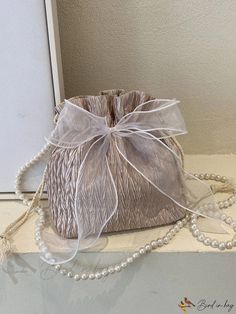 Bird in Bag - Faux Pearl Decorative Design Bucket with Bow Accent Drawstring Crossbody Bag, Gold Milk, Black Bucket Bag, White Champagne, Crossbody Bag Black, Bow Decor, Mini Bows, Chain Crossbody Bag, Black Milk