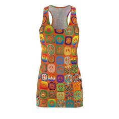 Spread peace wearing the vintage style Square Peace Signs  racerback sleeveless dress. Made of a quality light-weight T-shirt material, this artist print design dress is feminine and stylish, while really comfortable. This racerback dress is appealing from every angle. All the differently designed square peace signs together create a warm comforting quilt look referencing flower power era patchwork dresses.  Inspired by peace, it will instantly become a favorite. Step out in style and comfort for a party, night out, market run, or any occasion. Groovy Peace designs feel the vibe of the 1960's and early 1970's pulling from the flower power design aesthetics.   The sixties and seventies included many who openly spread peace.  In that era, people in person and on television could be seen flas Fitted Retro Sleeveless Tank Top, Fitted Patchwork Tank Top For Summer, Retro Fitted Sleeveless Tank Top, Retro Fitted Racerback Tank Top, Fitted Multicolor Racerback Tank Top, Fitted Hippie Sleeveless Tank Top, Retro Sleeveless Dress With Graphic Print, Multicolor Fitted Retro Tank Top, Hippie Fitted Sleeveless Tank Top