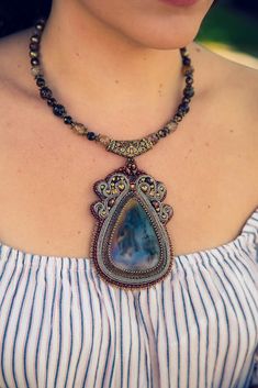 Statement Necklace Large Agate embroidered with soutache and beads Handmade Elegant Agate Beads And Cabochons, Embroidery With Beads, Beaded Embroidery, Gift For Women, Stone Beads, Pendant Necklaces, Natural Stone, Turquoise Necklace, Natural Stones