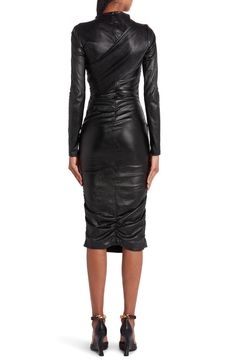 The sultry style of Tom Ford is exceedingly evident in a ruched dress slashed at one side and cut from rugged faux leather. 43 1/2" length (size 38IT) Hidden back-zip closure Funnel neck Long sleeves Lined 100% viscose Dry clean Made in Italy Designer Clothing Sultry Style, Faux Leather Dress, Ruched Dress, Leather Dress, Funnel Neck, Nordstrom Dresses, Funnel, Tom Ford, Black Dress