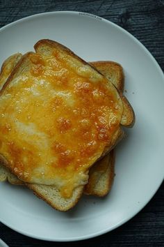 two pieces of cheese toast on a white plate