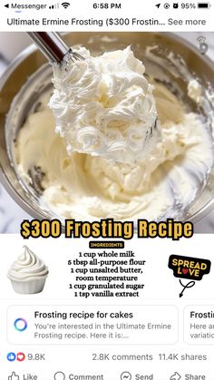 an ad for frosting cream in a metal bowl with the words $ 300 frosting recipe on it