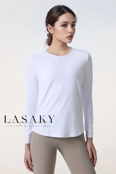 Lasaky - Elevate Your Workout with our Autumn Yoga Loose-Fit Breathable Round Neck Sweater: Long Sleeve Activewear T-Shirt Basic Stretch Long Sleeve Activewear, Basic Long Sleeve Stretch Activewear, Versatile White Crew Neck Top, Versatile Long Sleeve Moisture-wicking Top, Versatile Long Sleeve T-shirt, White High Stretch Long Sleeve Top, Basic Long Sleeve Sports Tops, Long Sleeve Relaxed Fit Yoga Top, Casual Long Sleeve Yoga Tops