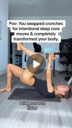 a woman is doing yoga in an office with the caption'por you wrapped crunches for international deep core moves & completely transformed your body